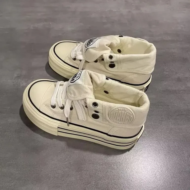 New Women High Top Canvas Board Shoes Outer Flanged Sneakers Dual Purpose Short Boots Thick Outsole Height Increased Lace Up