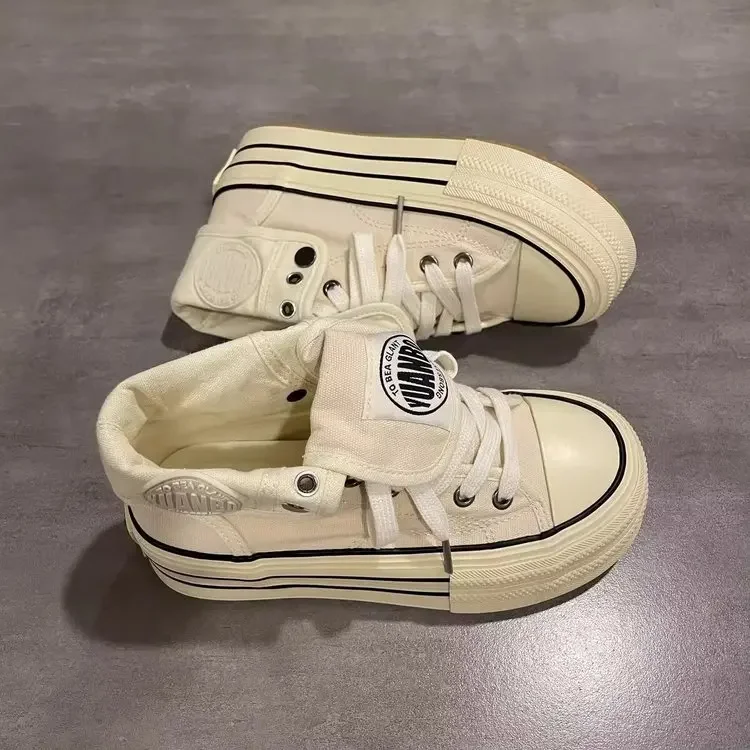 New Women High Top Canvas Board Shoes Outer Flanged Sneakers Dual Purpose Short Boots Thick Outsole Height Increased Lace Up