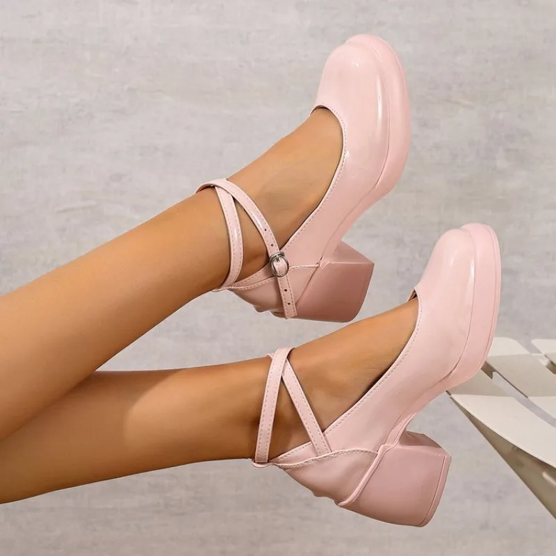 Fashion Ankle Strap Mary Janes Women 2026 PU Heel Pumps Woman  Party High Heels Shoes Female