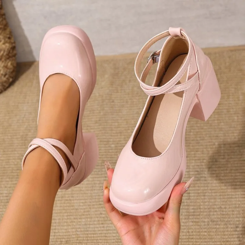 Fashion Ankle Strap Mary Janes Women 2026 PU Heel Pumps Woman  Party High Heels Shoes Female