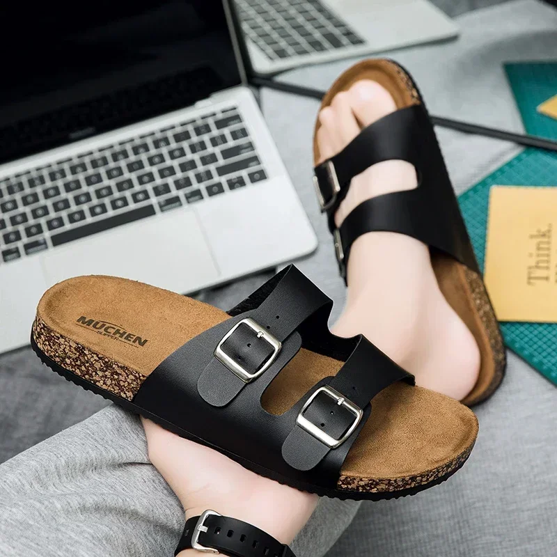 Fashion Classic Unisex Slippers For Men Comfortable Summer Cork Shoes For Men Outdoor Sandals Microfiber Plus Size 36-46