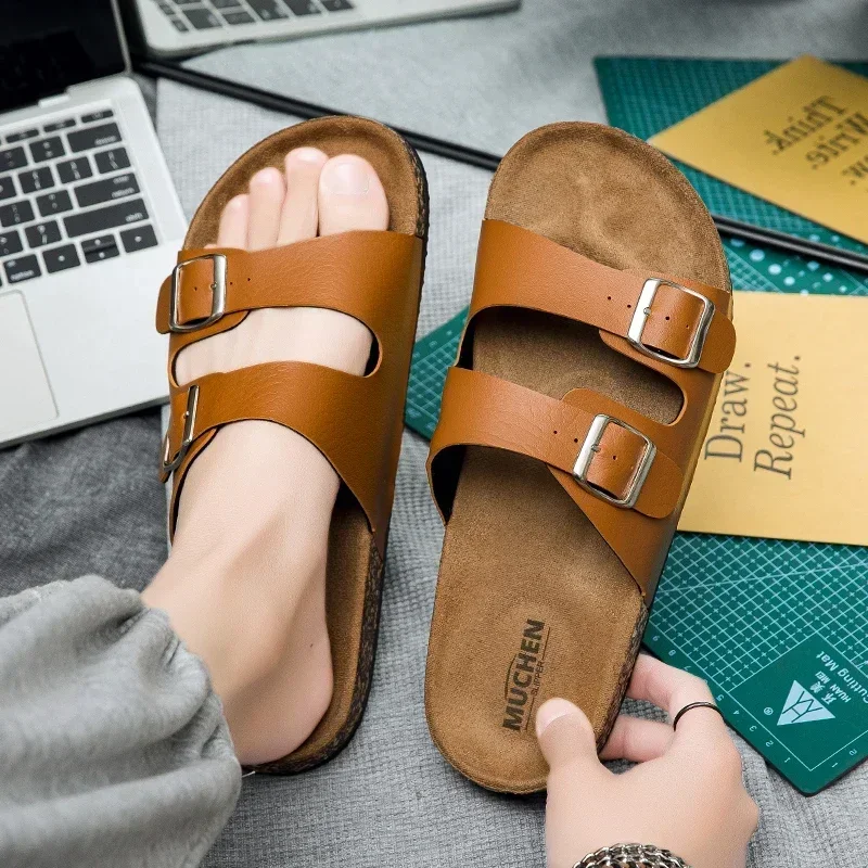 Fashion Classic Unisex Slippers For Men Comfortable Summer Cork Shoes For Men Outdoor Sandals Microfiber Plus Size 36-46