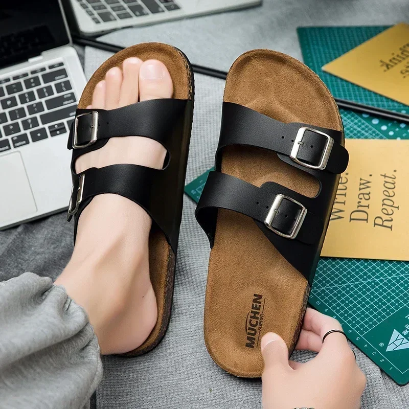 Fashion Classic Unisex Slippers For Men Comfortable Summer Cork Shoes For Men Outdoor Sandals Microfiber Plus Size 36-46