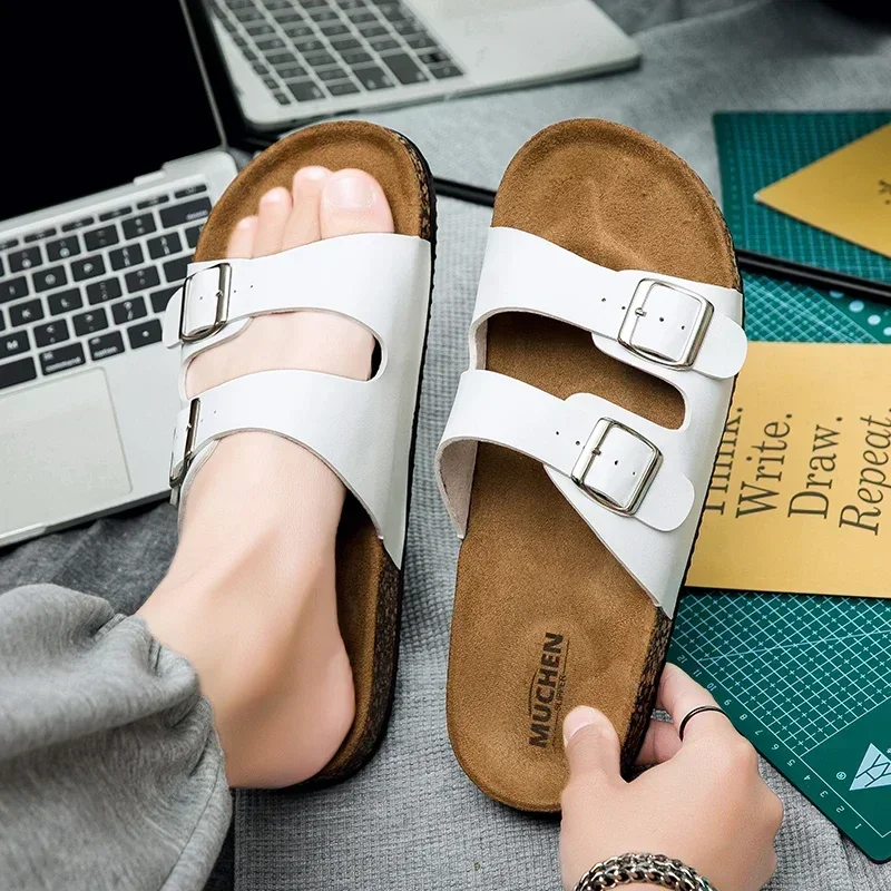 Fashion Classic Unisex Slippers For Men Comfortable Summer Cork Shoes For Men Outdoor Sandals Microfiber Plus Size 36-46