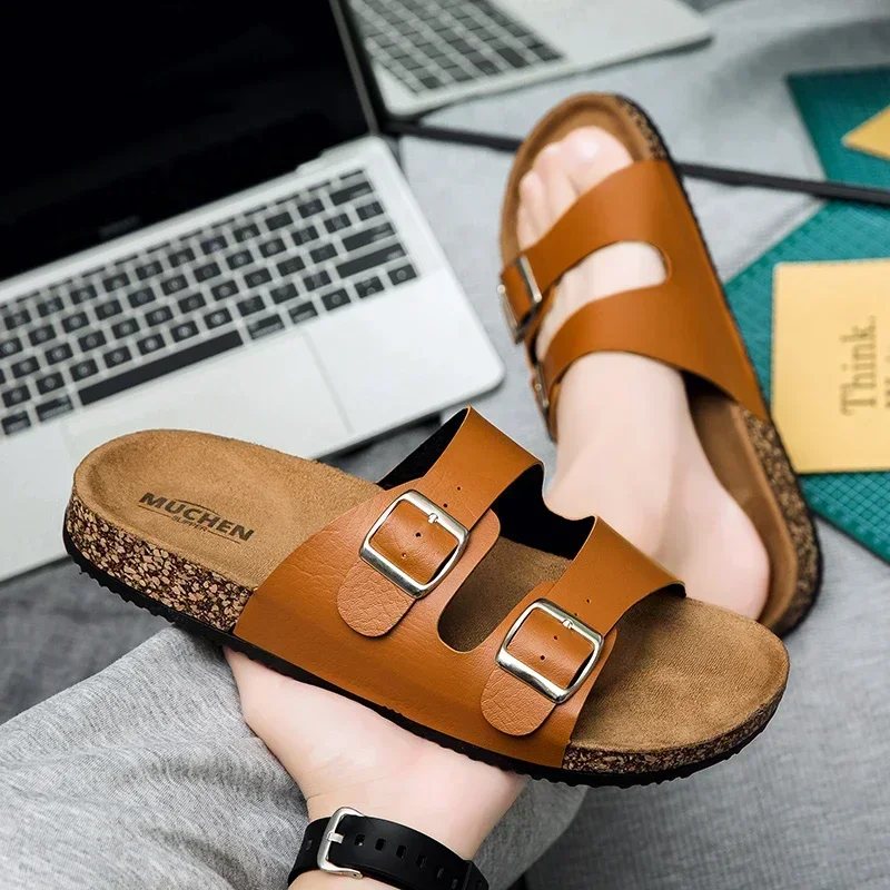 Fashion Classic Unisex Slippers For Men Comfortable Summer Cork Shoes For Men Outdoor Sandals Microfiber Plus Size 36-46