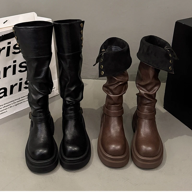 Vintage Women Knee High Boots Autumn Winter Ladies Causal Thick Heel Knight Long Botas Zapatos De Mujer