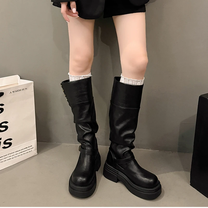 Vintage Women Knee High Boots Autumn Winter Ladies Causal Thick Heel Knight Long Botas Zapatos De Mujer