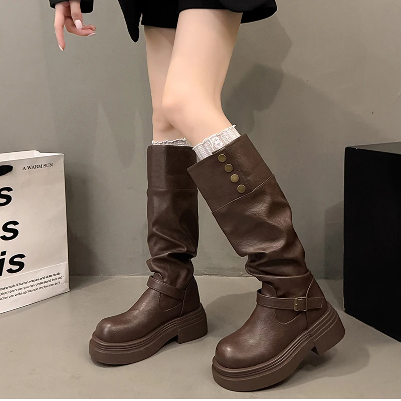 Vintage Women Knee High Boots Autumn Winter Ladies Causal Thick Heel Knight Long Botas Zapatos De Mujer