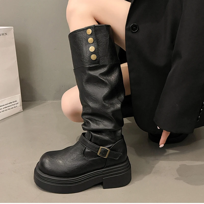 Vintage Women Knee High Boots Autumn Winter Ladies Causal Thick Heel Knight Long Botas Zapatos De Mujer
