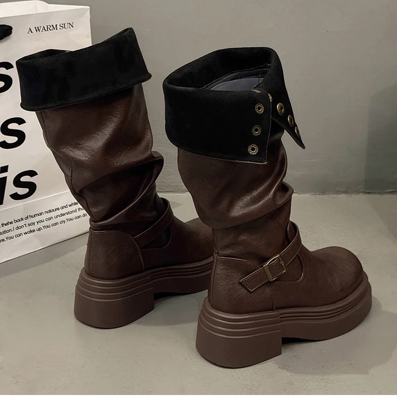 Vintage Women Knee High Boots Autumn Winter Ladies Causal Thick Heel Knight Long Botas Zapatos De Mujer
