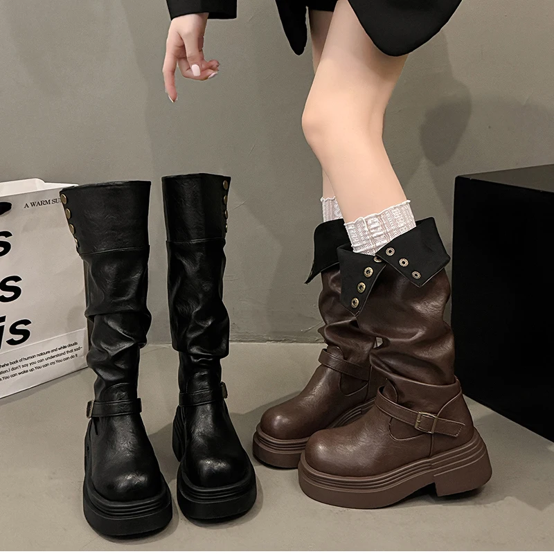 Vintage Women Knee High Boots Autumn Winter Ladies Causal Thick Heel Knight Long Botas Zapatos De Mujer