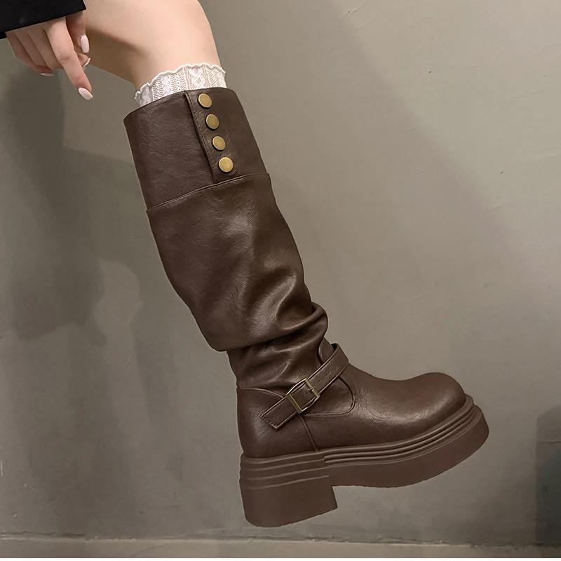 Vintage Women Knee High Boots Autumn Winter Ladies Causal Thick Heel Knight Long Botas Zapatos De Mujer