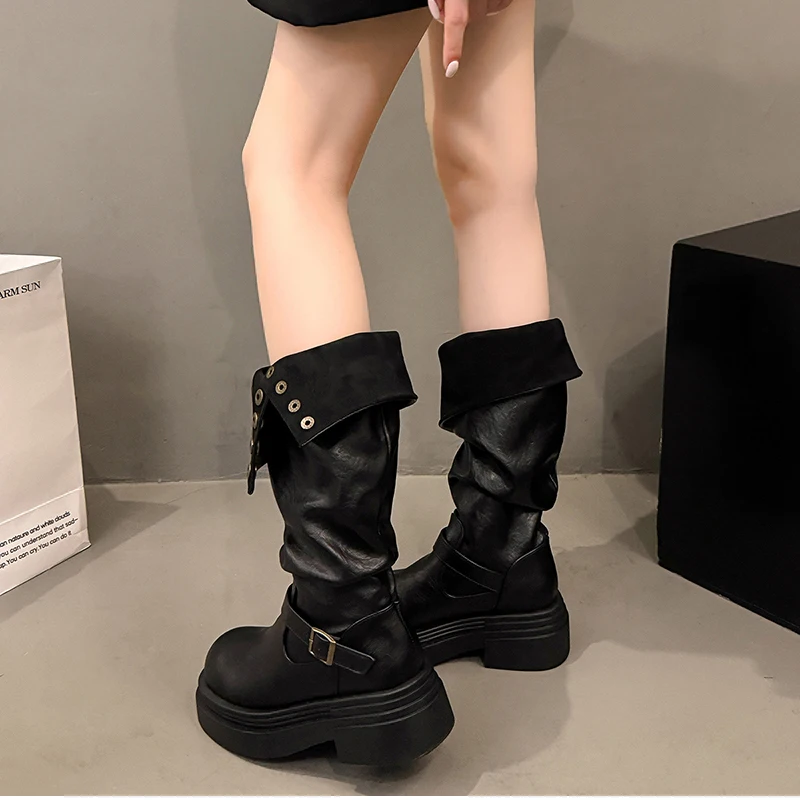 Vintage Women Knee High Boots Autumn Winter Ladies Causal Thick Heel Knight Long Botas Zapatos De Mujer