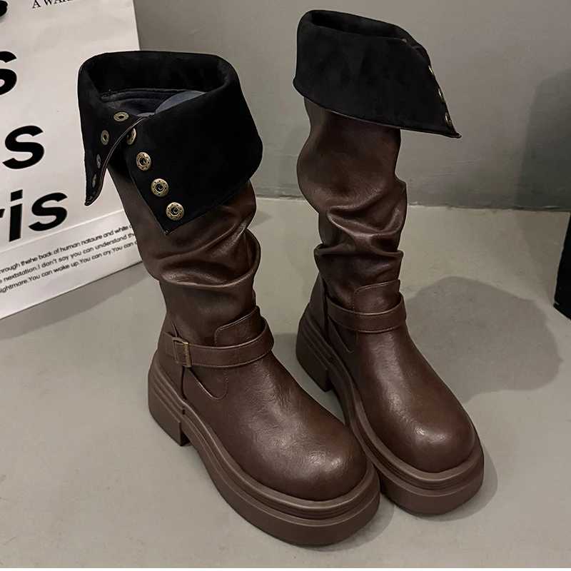 Vintage Women Knee High Boots Autumn Winter Ladies Causal Thick Heel Knight Long Botas Zapatos De Mujer