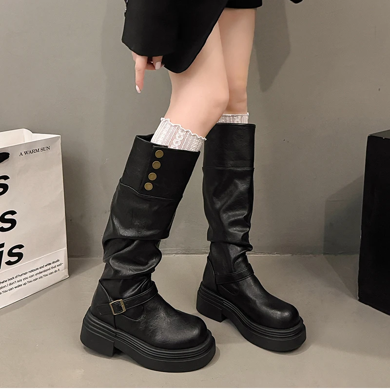 Vintage Women Knee High Boots Autumn Winter Ladies Causal Thick Heel Knight Long Botas Zapatos De Mujer
