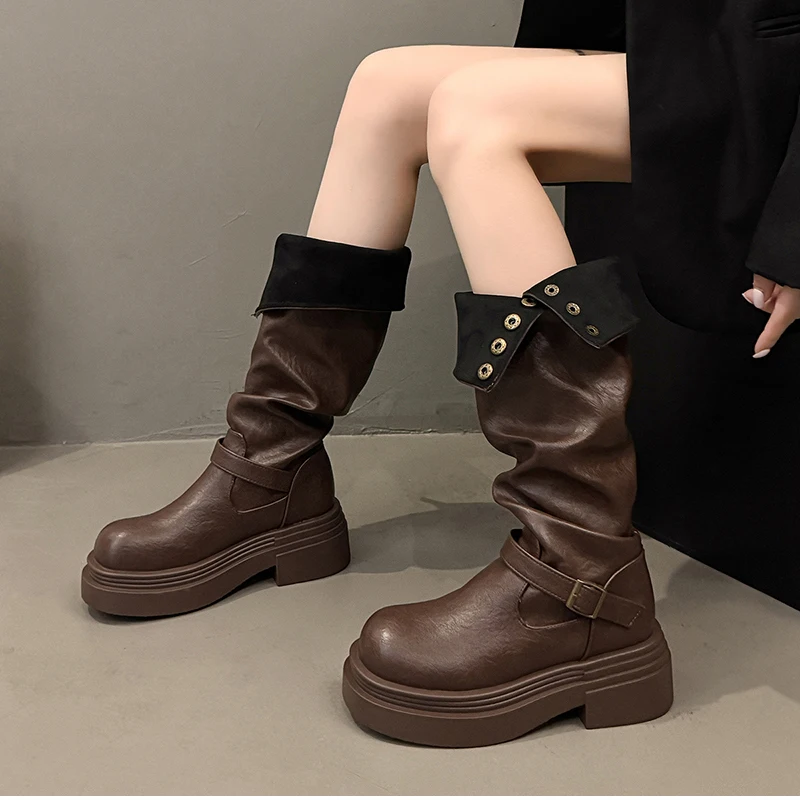 Vintage Women Knee High Boots Autumn Winter Ladies Causal Thick Heel Knight Long Botas Zapatos De Mujer