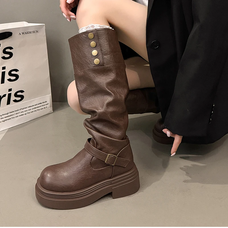 Vintage Women Knee High Boots Autumn Winter Ladies Causal Thick Heel Knight Long Botas Zapatos De Mujer