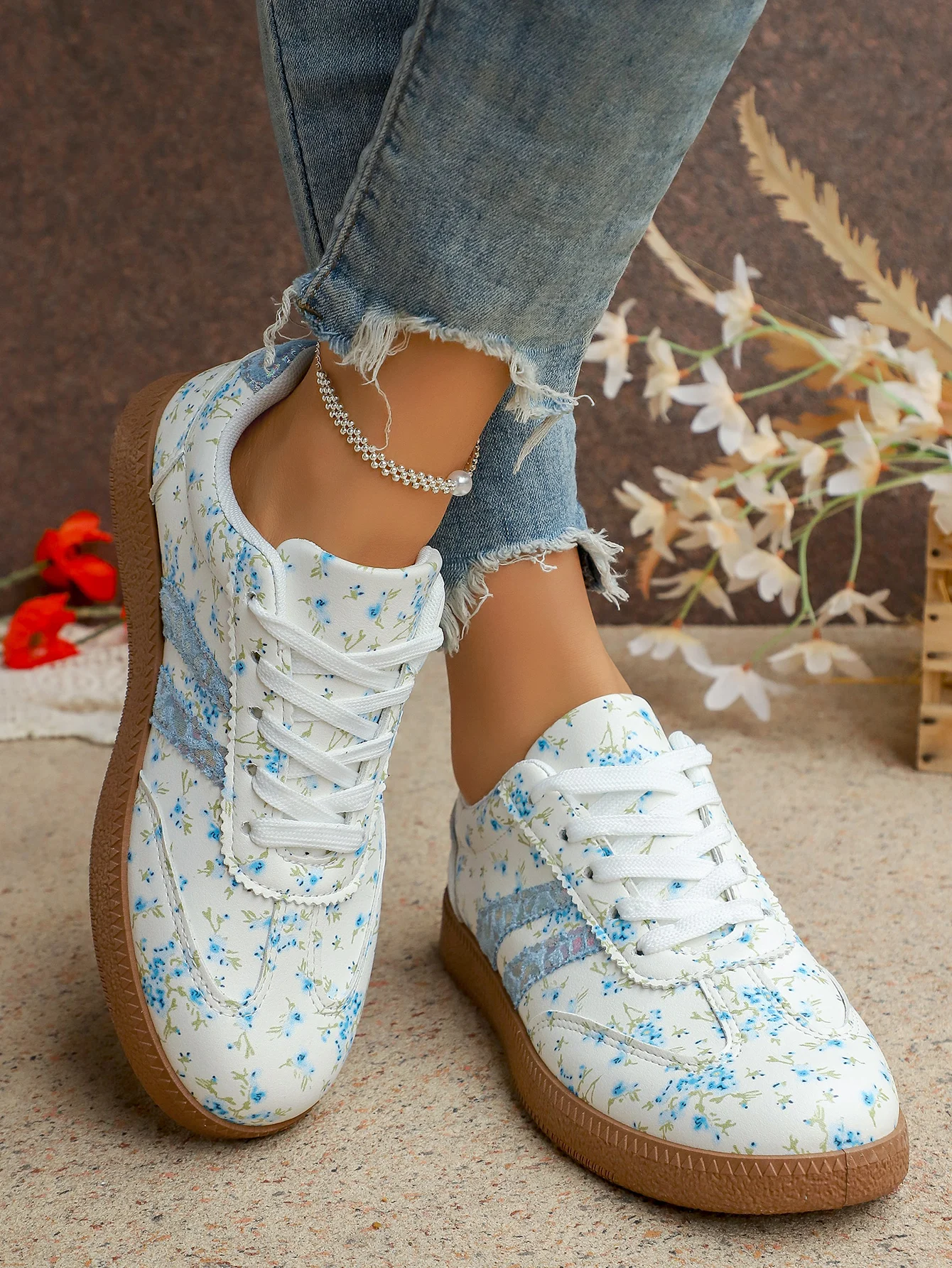 New Women's Floral Sport Shoes Comfortable Breathable Single Shoes Outsole Round Toe Casual Style Female Lightweight Sneakers