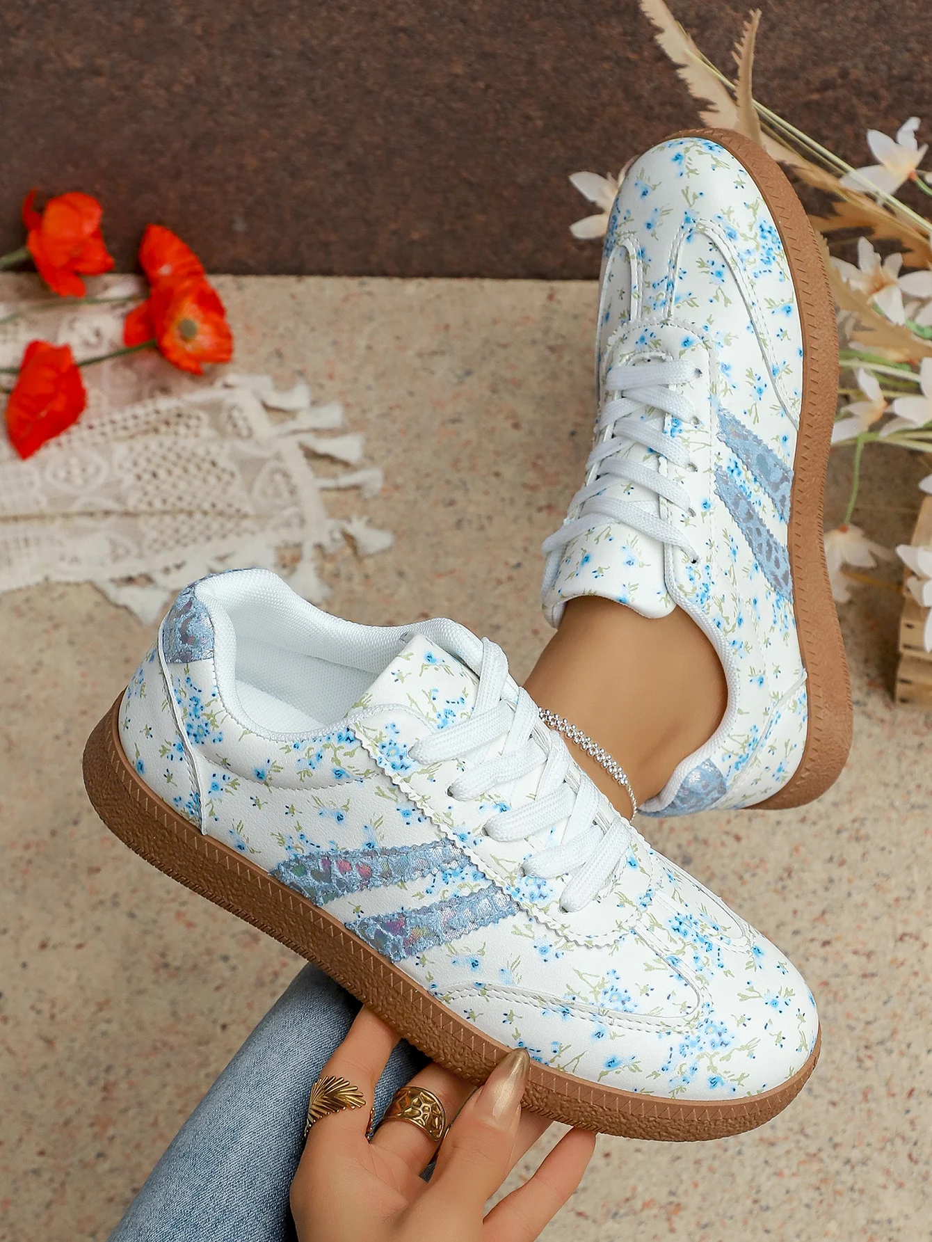 New Women's Floral Sport Shoes Comfortable Breathable Single Shoes Outsole Round Toe Casual Style Female Lightweight Sneakers