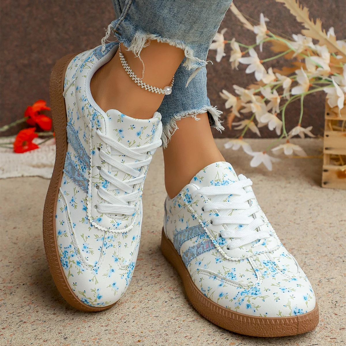 New Women's Floral Sport Shoes Comfortable Breathable Single Shoes Outsole Round Toe Casual Style Female Lightweight Sneakers