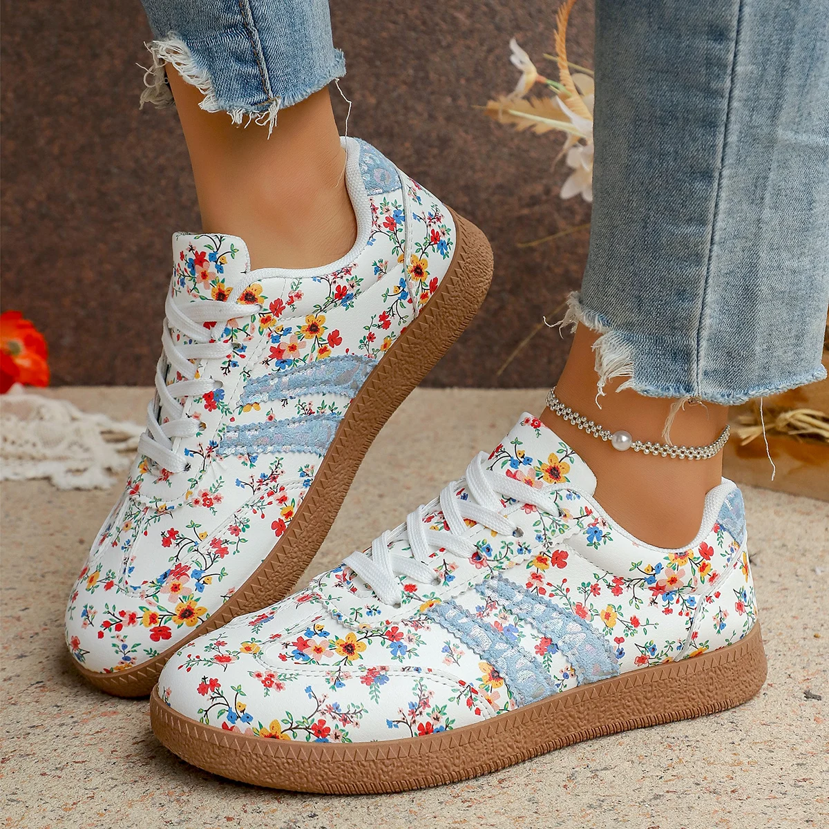 New Women's Floral Sport Shoes Comfortable Breathable Single Shoes Outsole Round Toe Casual Style Female Lightweight Sneakers