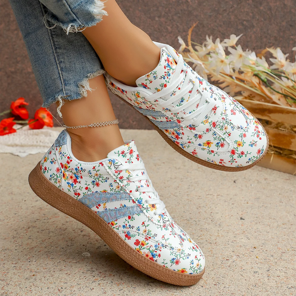 New Women's Floral Sport Shoes Comfortable Breathable Single Shoes Outsole Round Toe Casual Style Female Lightweight Sneakers