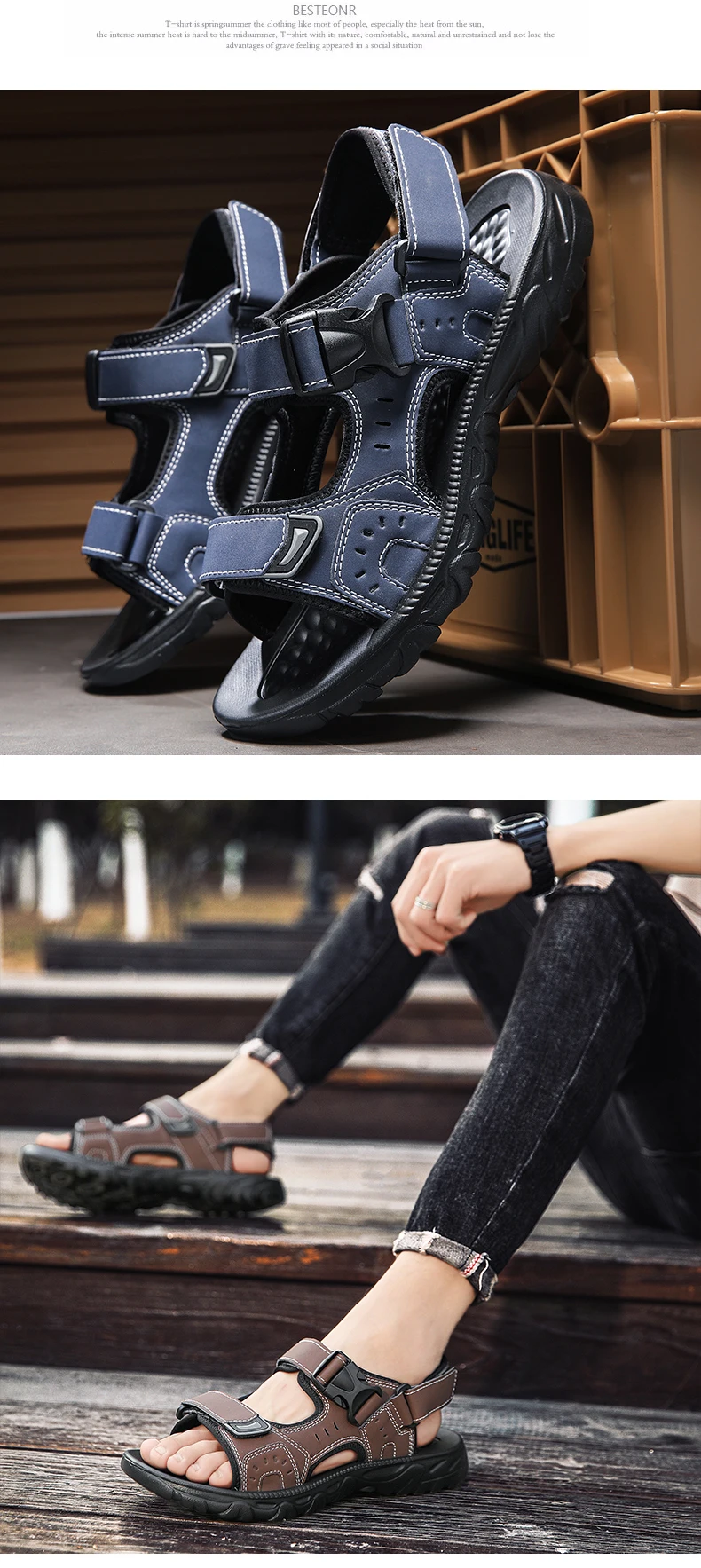 Summer Men Sandals PU Leather Lightweight Open Toe Flat Mens Casual Shoes Outdoor Walking Sandals for Men Beach Shoes Size 39-46