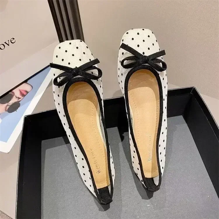 Flat Shoes for Women 2026 Spring/Summer New Women's Shoes Large Bow Mesh Square Head Flat Heel Sandals Ladies