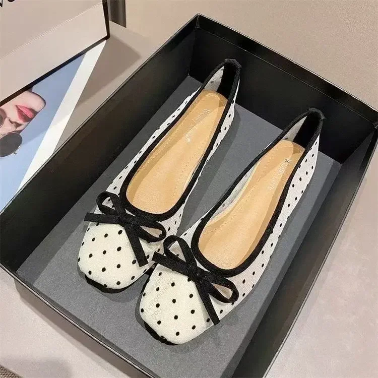 Flat Shoes for Women 2026 Spring/Summer New Women's Shoes Large Bow Mesh Square Head Flat Heel Sandals Ladies