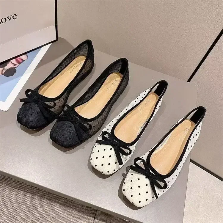 Flat Shoes for Women 2026 Spring/Summer New Women's Shoes Large Bow Mesh Square Head Flat Heel Sandals Ladies