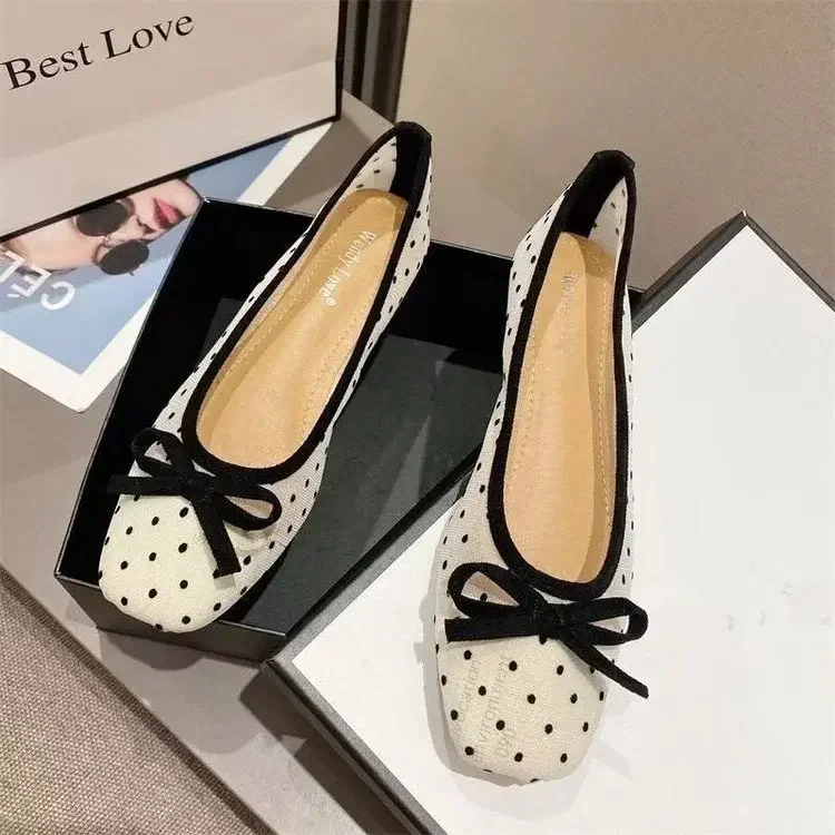 Flat Shoes for Women 2026 Spring/Summer New Women's Shoes Large Bow Mesh Square Head Flat Heel Sandals Ladies
