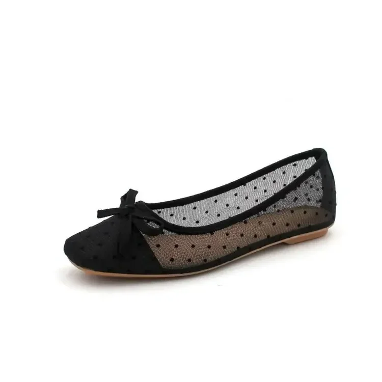 Flat Shoes for Women 2026 Spring/Summer New Women's Shoes Large Bow Mesh Square Head Flat Heel Sandals Ladies