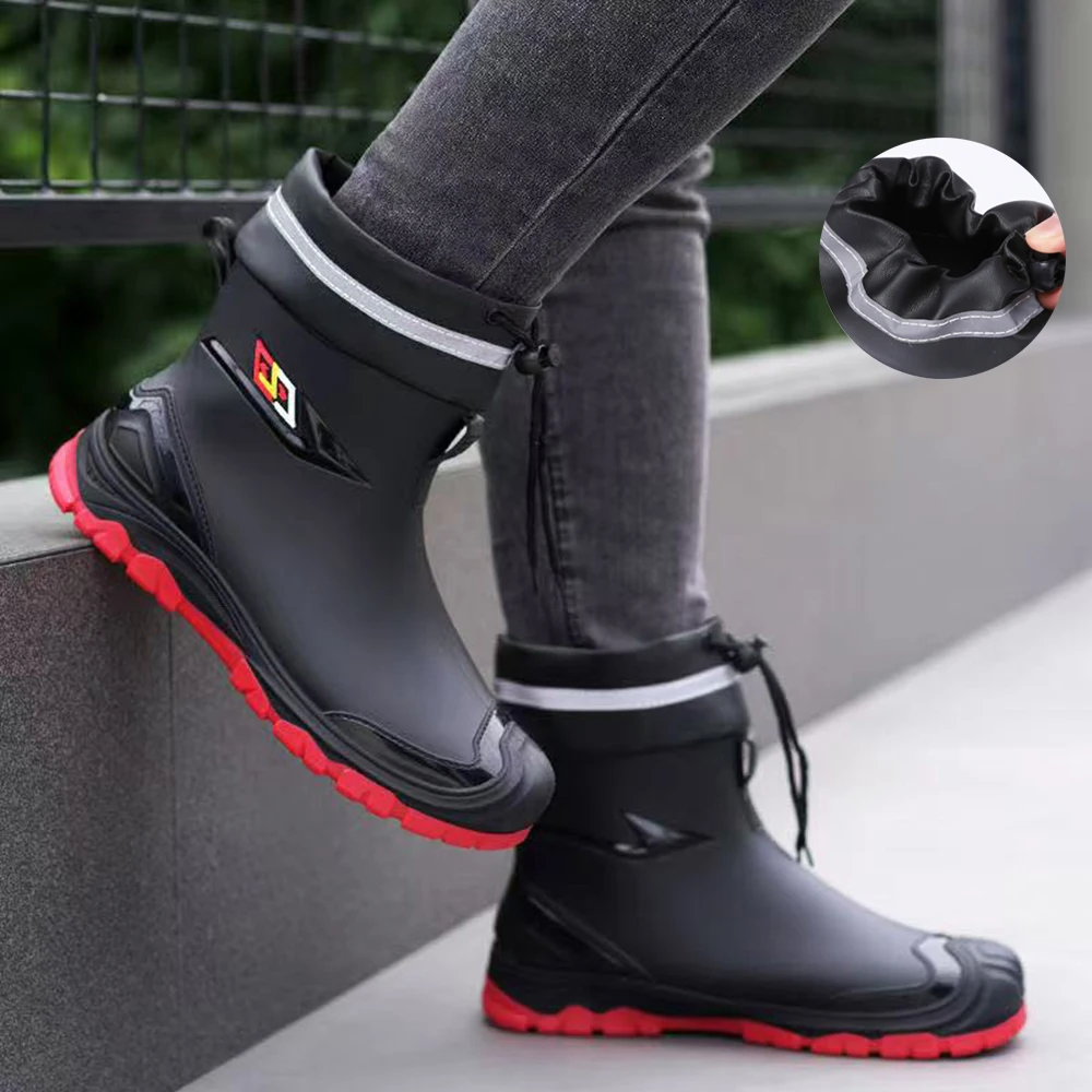 Outdoor Work British Style Anti Slip Waterproof Drawstring Drum Mouth Four Season Universal Men's Rain Boots