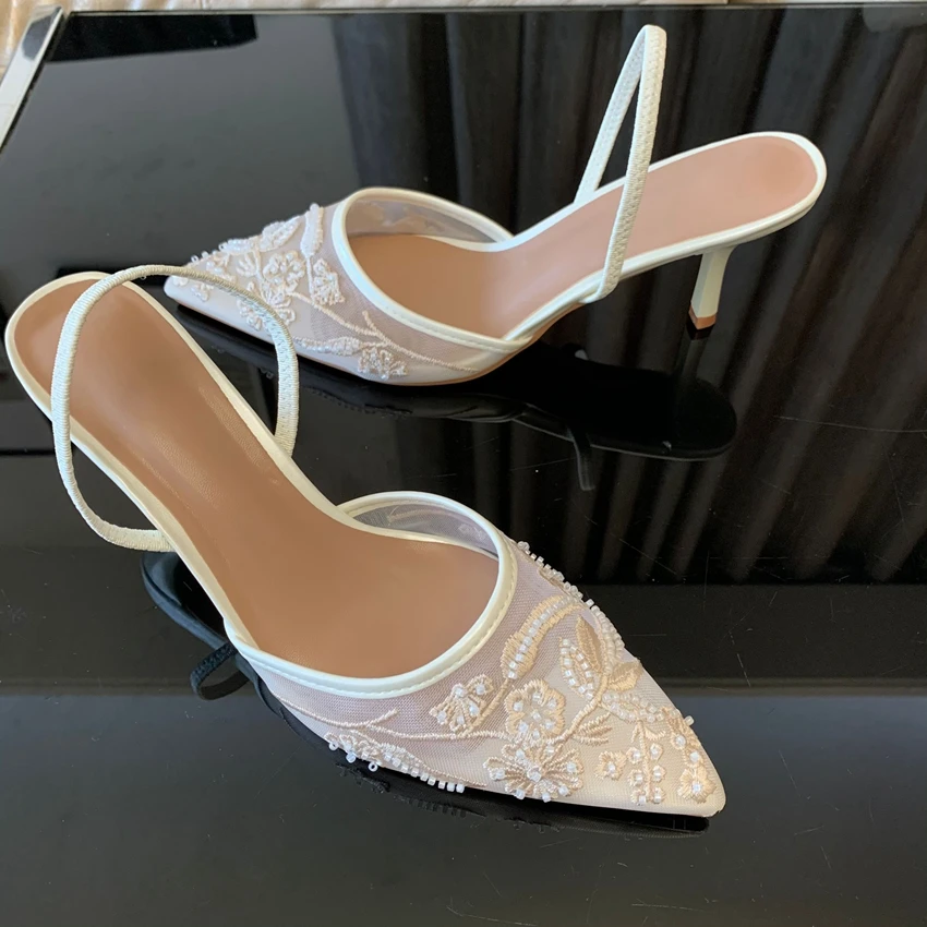 Brand Designer White Women Pumps Mesh Embroidered Flowers Back Strap Sexy Slingback High Heels Dress Wedding Shoes for Ladies