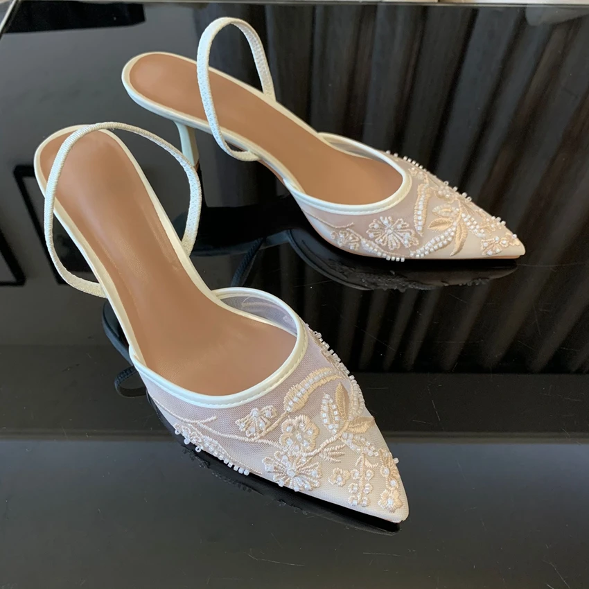Brand Designer White Women Pumps Mesh Embroidered Flowers Back Strap Sexy Slingback High Heels Dress Wedding Shoes for Ladies