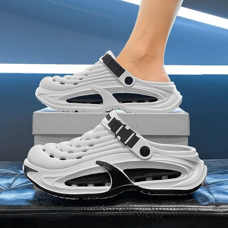 Men's thick-soled cool slippers men's summer wear one-word drag breathable beach shoes outdoor hole shoes bag head drag