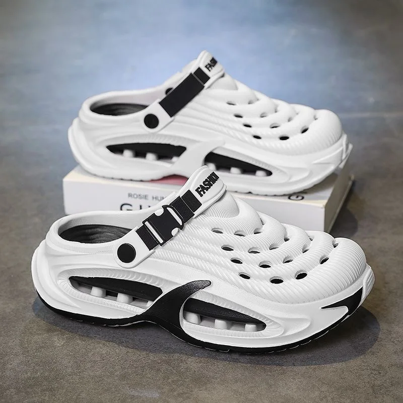 Men's thick-soled cool slippers men's summer wear one-word drag breathable beach shoes outdoor hole shoes bag head drag