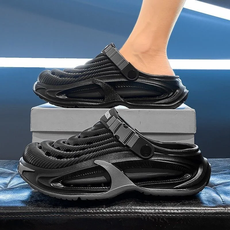 Men's thick-soled cool slippers men's summer wear one-word drag breathable beach shoes outdoor hole shoes bag head drag