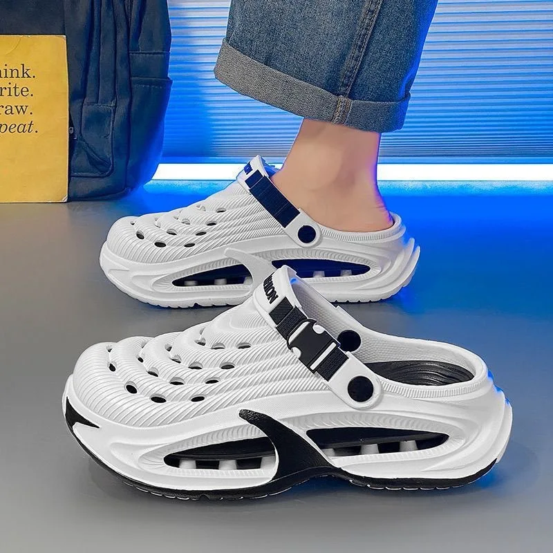 Men's thick-soled cool slippers men's summer wear one-word drag breathable beach shoes outdoor hole shoes bag head drag