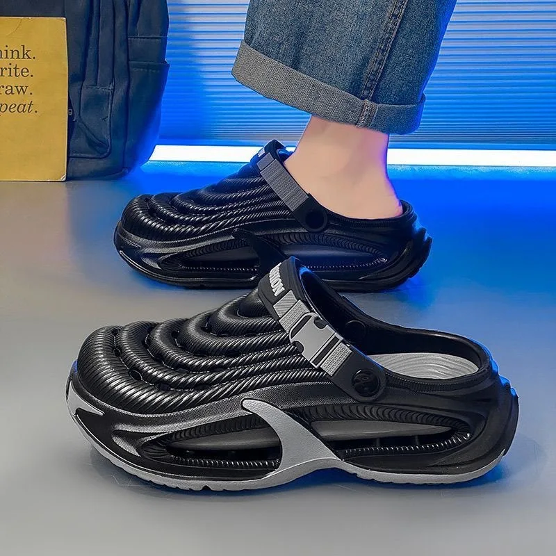 Men's thick-soled cool slippers men's summer wear one-word drag breathable beach shoes outdoor hole shoes bag head drag