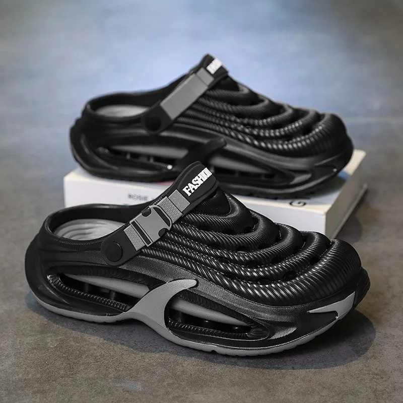Men's thick-soled cool slippers men's summer wear one-word drag breathable beach shoes outdoor hole shoes bag head drag