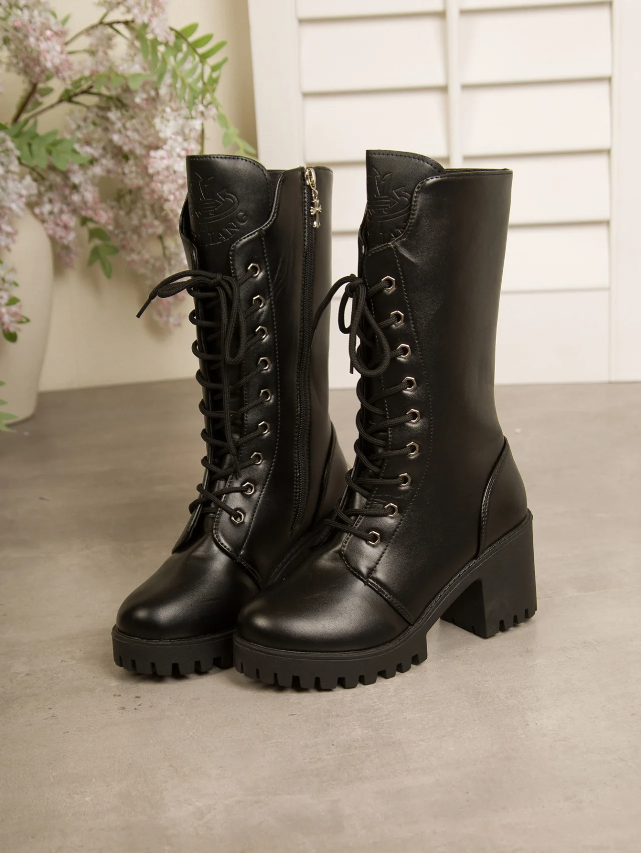Autumn Women's Mid Calf Boots Chunky Heel Round Toe Platform Boots Black Leather Side Zip Botas Mujer Large Size 35-43 Fashion