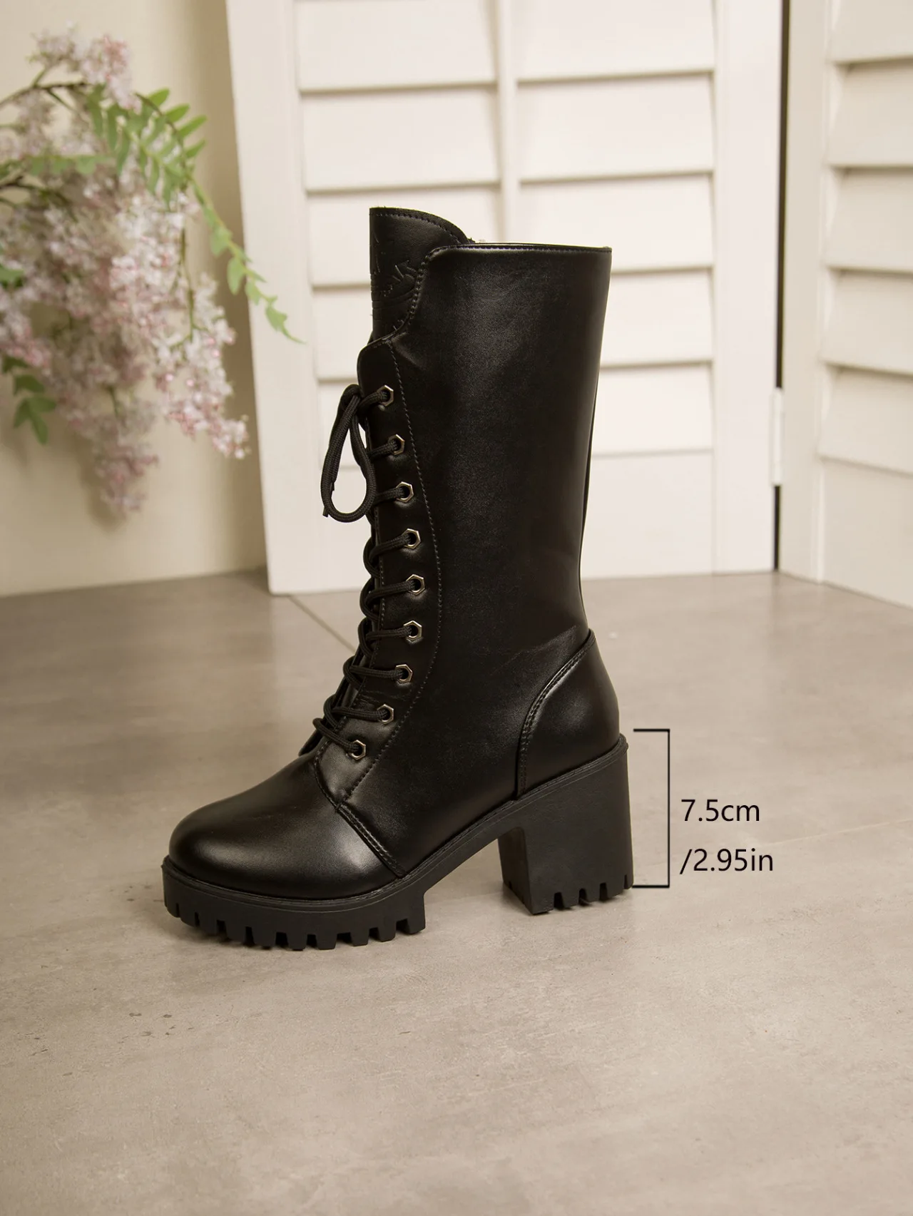 Autumn Women's Mid Calf Boots Chunky Heel Round Toe Platform Boots Black Leather Side Zip Botas Mujer Large Size 35-43 Fashion