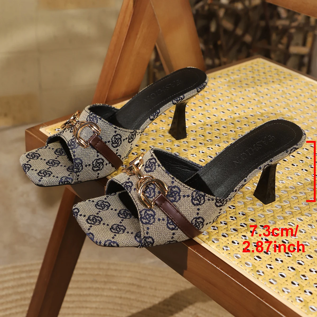 Elegant Metal Buckle High Heels Slippers Women Design Printed Thin Heeled Sandals Woman Fashion Dress Party Shoes Size 43