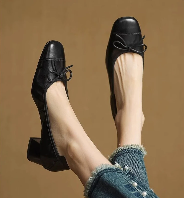 Fashionable French-Style Retro Bow Soft Leather High-Heeled Shoes for Women Spring 2026 Squaretoe Chunky Heel Sandals Size 35-42
