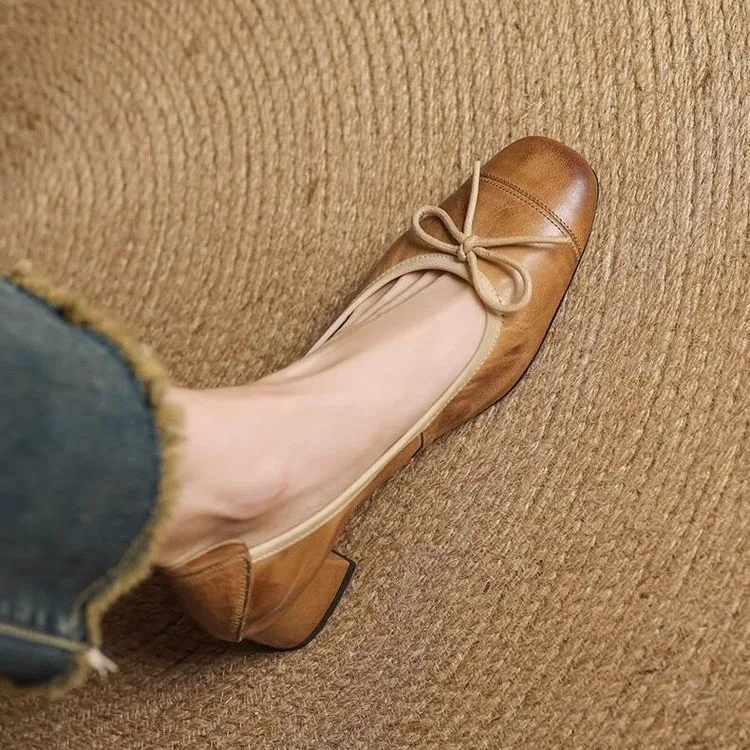 Fashionable French-Style Retro Bow Soft Leather High-Heeled Shoes for Women Spring 2026 Squaretoe Chunky Heel Sandals Size 35-42