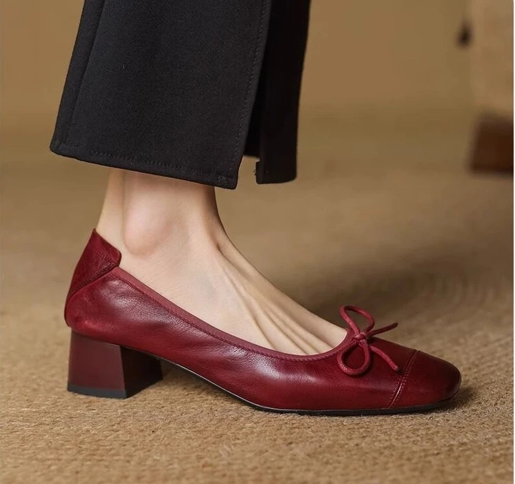 Fashionable French-Style Retro Bow Soft Leather High-Heeled Shoes for Women Spring 2026 Squaretoe Chunky Heel Sandals Size 35-42