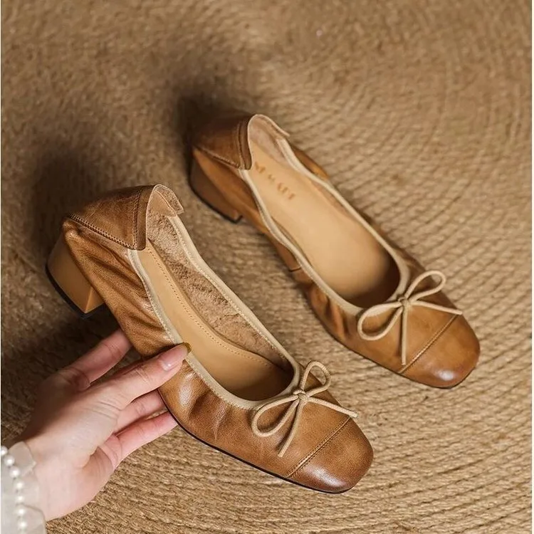 Fashionable French-Style Retro Bow Soft Leather High-Heeled Shoes for Women Spring 2026 Squaretoe Chunky Heel Sandals Size 35-42