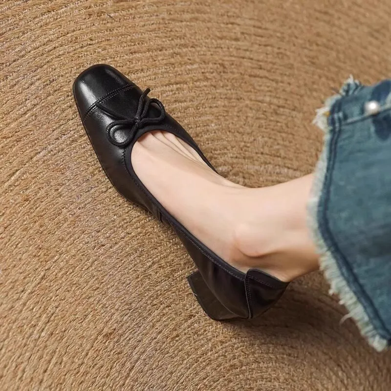 Fashionable French-Style Retro Bow Soft Leather High-Heeled Shoes for Women Spring 2026 Squaretoe Chunky Heel Sandals Size 35-42