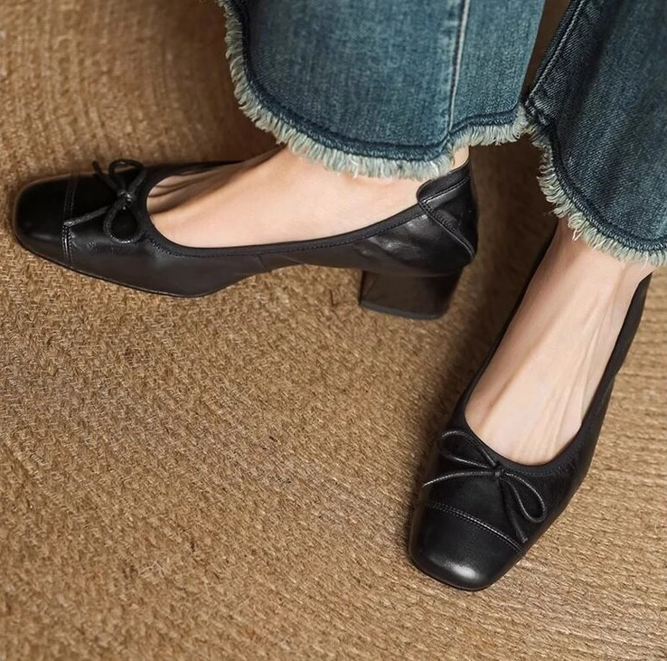 Fashionable French-Style Retro Bow Soft Leather High-Heeled Shoes for Women Spring 2026 Squaretoe Chunky Heel Sandals Size 35-42